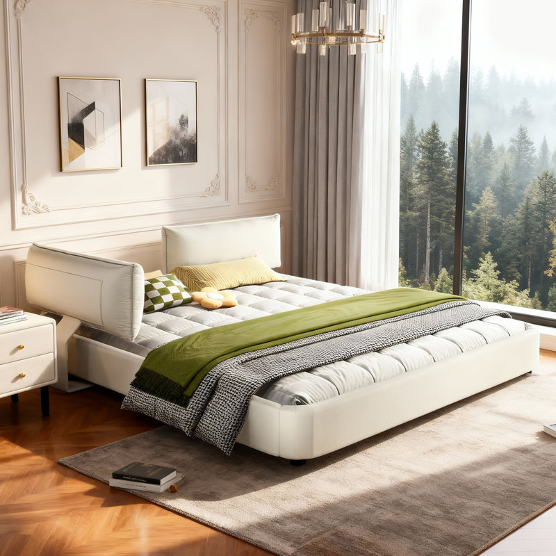 King Size Cloud Bed Frame With Oversized Padded Movable Headboard, Beige, Beige