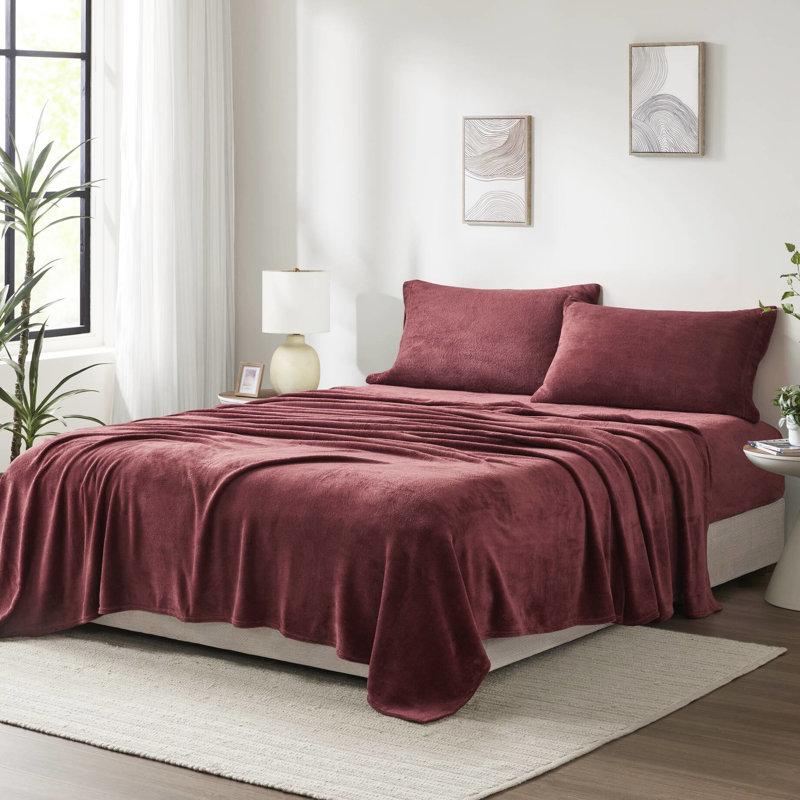 Ensemble de draps pour grand lit 4 pièces 100% ultra doux bourgogne avec draps-housses plats et 2 taies d'oreiller brossées des deux côtés Lavable à la machine