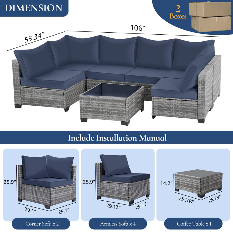7 Pieces Outdoor Patio Furniture Set, Wicker Sectional Sofa Set Rattan Modular Patio Conversation Sets with Cushions Couch Set & Coffee Table for Outside, Garden, Balcony, Porch