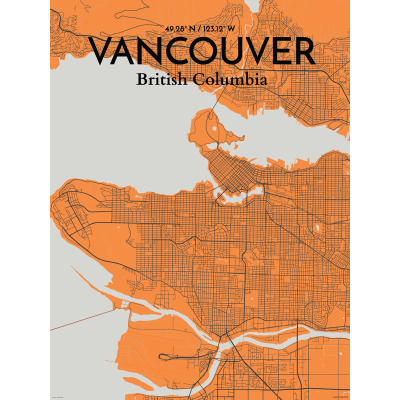 « vancouver city map », reproduction d’impression sur affiche en orange, H 17 po x l 11 po