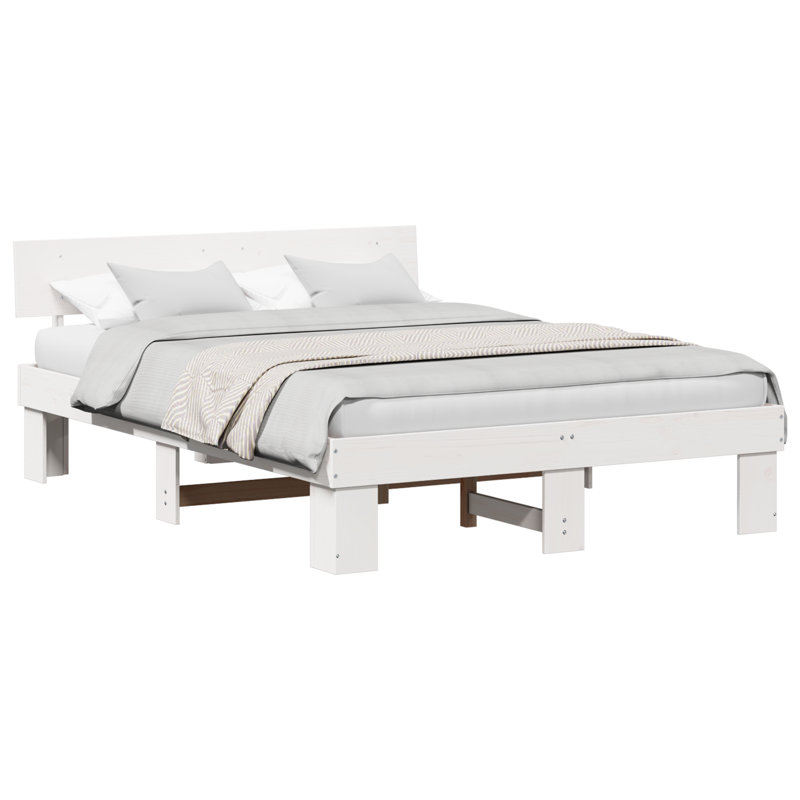 Bed Frame with Headboard Solid Pine Wood, European Double (140 x 200 cm), White