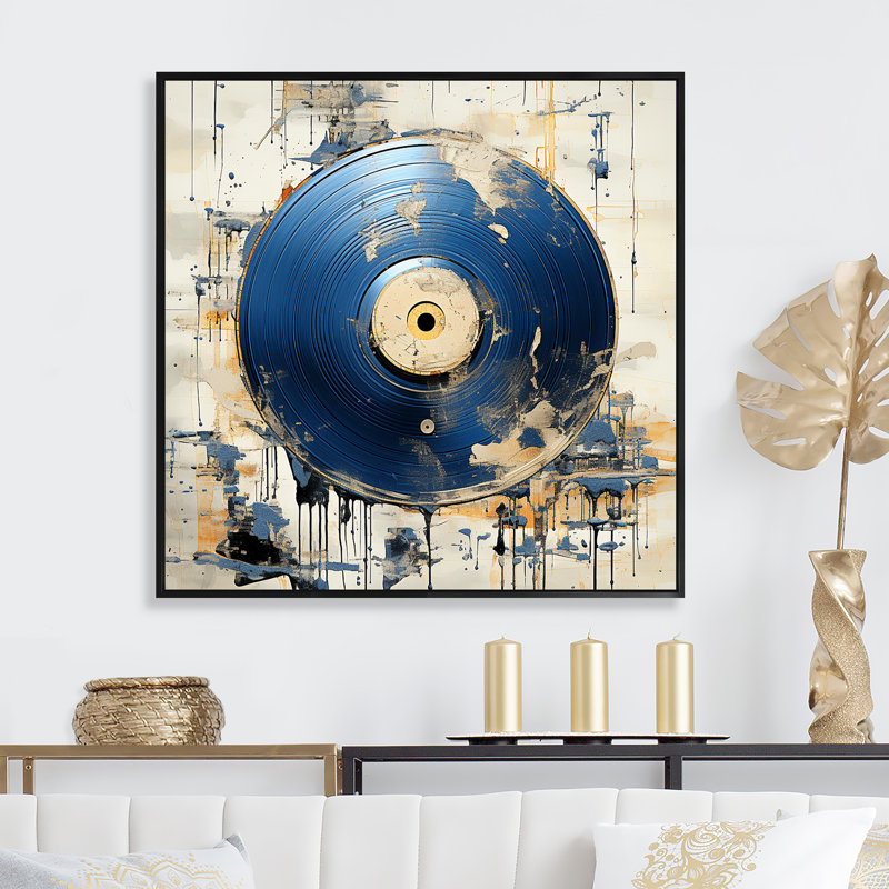 Disque vinyle blanc et bleu Melody, Cadre flottant noir, H 16 po x l 16 po x P 1 po