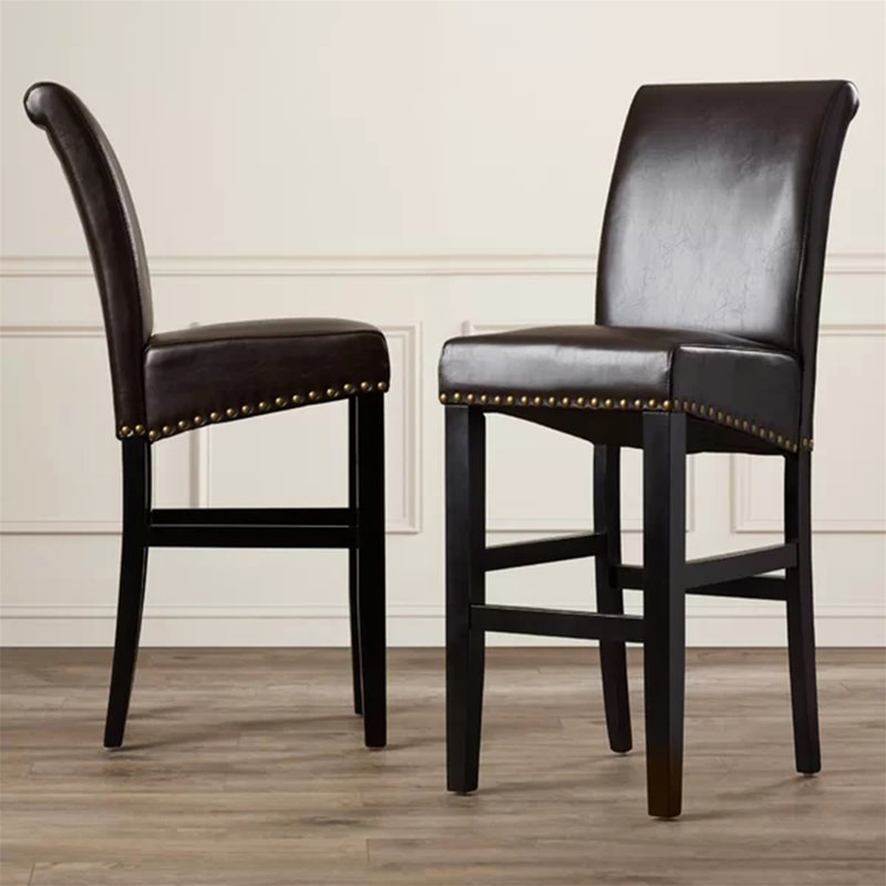 Luxurious Brown Leather Counter Stool with Solid Wood Frame