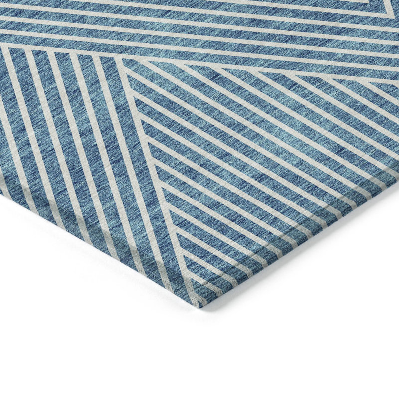 3' X 5' Teal Blue And Ivory Geometric Washable Indoor Outdoor Area Rug