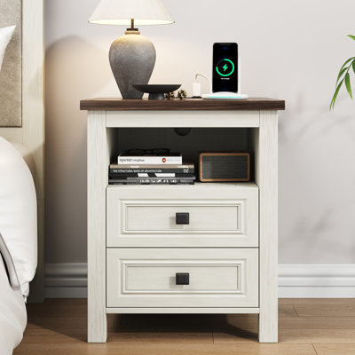 Table de chevet avec station de charge, table de bout avec tablette ouverte et 2 tiroirs Valera