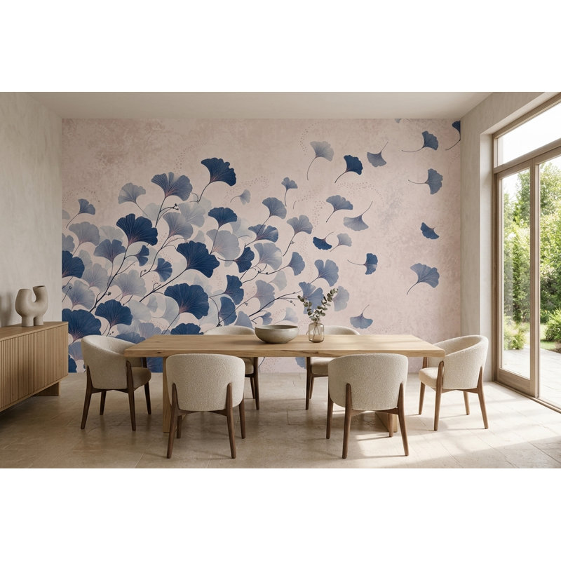 Fresque murale feuille de ginkgo bleu marine, art botanique, mur décoratif rose poudré, 180"x120", Non-Woven Nonpasted