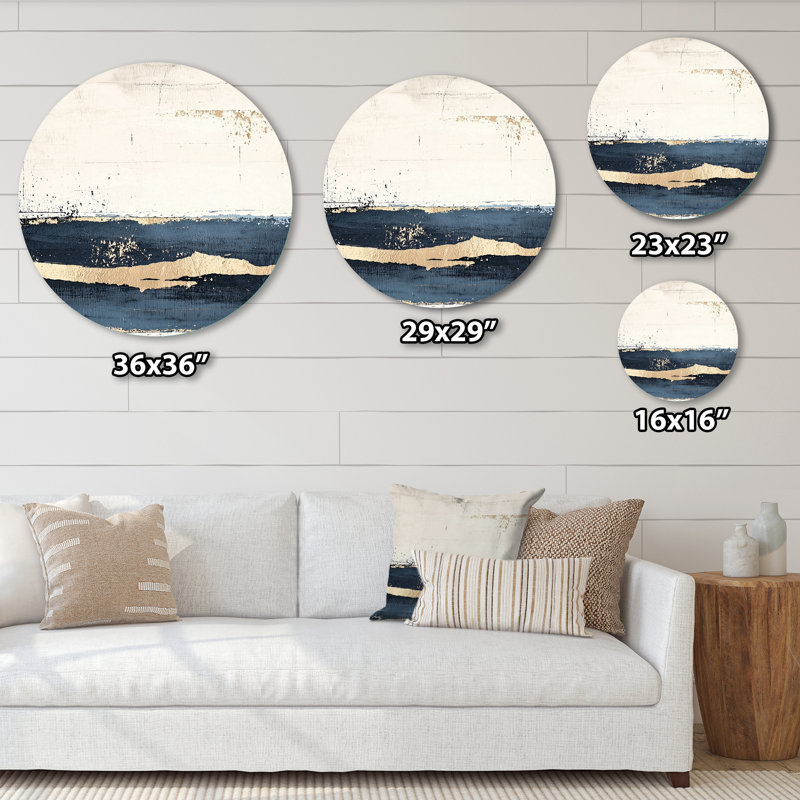 «Ocean Breeze Minimalist Horizon», art mural rond grand paysage abstrait, métal doré, H 16 po x l 16 po