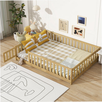 Full Size Floor Bed With Safety Guardrails And Door, Eco-Friendly Rubber Wood Design For Compact Spaces