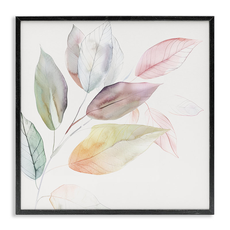 Feuilles pastel pâle encadrées, estampe numérique, design par Raymond Powers, Giclée encadrée noir minuit, H 12 po x l 12 po