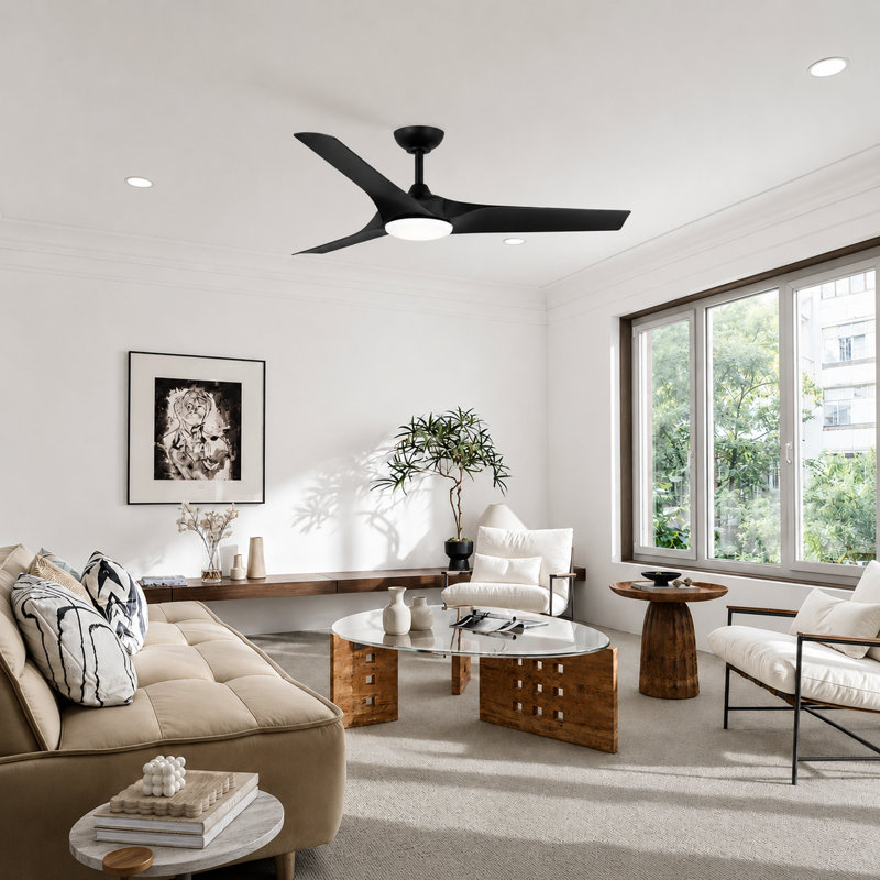 Ventilateur de plafond d'intérieur de 52 po avec lumière et télécommande Gossamer, ventilateur de plafond avec ensemble d'éclairage à DEL, conception moderne à 3 pales, moteur à courant continu silencieux à 6 vitesses - noir mat