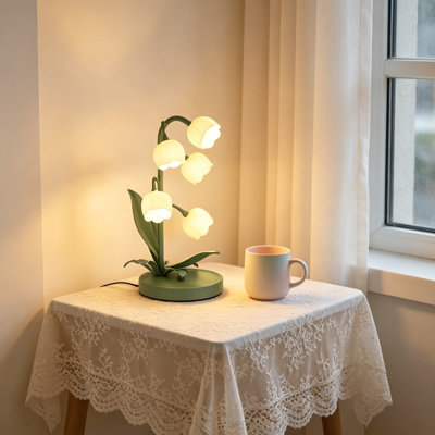 Flower Table Lamp for Bedroom, 3 Colors Lily of the Valley Reading Light with 5 Blooming Flowers, Cute Desk Lamp for Nightstands, Soft Adjustable Bedside Lamp for Home Decor, Living Room, Office