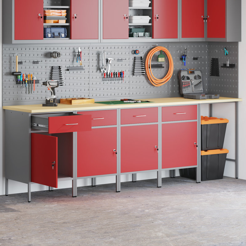 Set Of 5 Steel Large Height-Adjustable Workshop Cabinet, Red