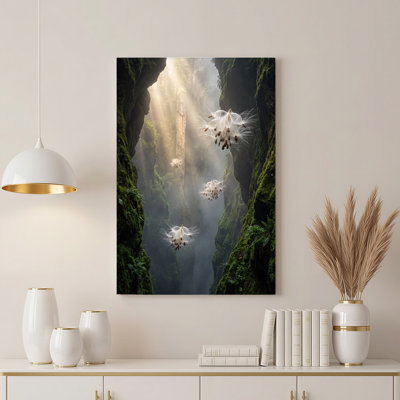 «Giant White Seeds Floating in Misty Green Canyon», art mural sur toile