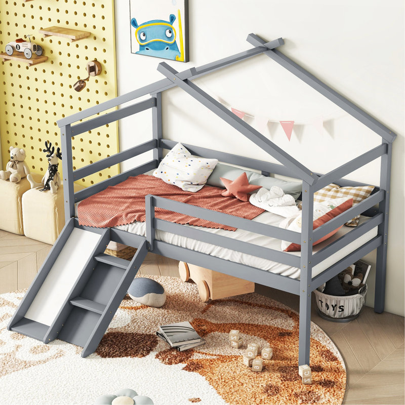 Twin Low Loft House Bed With Slide,  Ladder, Safety Guardrails, House Roof Frame,Grey
