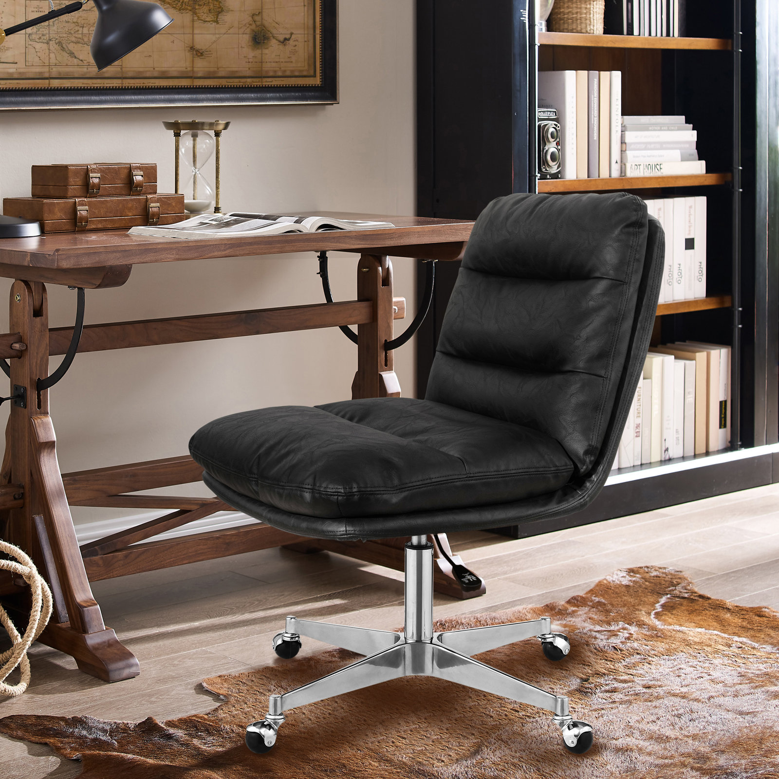 Paynesville Swivel Office Task Chair with Wheels, Black, Faux Leather