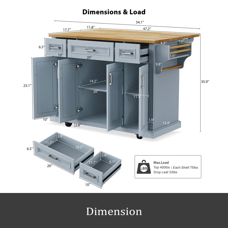 54Inch Large Kitchen Island With Rubber Wood Drop Leaf, Embossed Texture Rolling Kitchen Cart On 4 Wheels With 4 Doors And 3 Drawers, Kitchen Island With Storage For Kitchen, Dining Room
