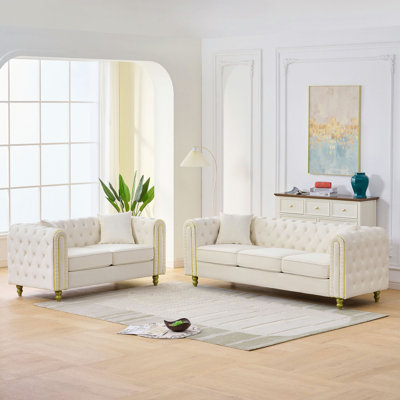 3 Seater +2 Seater Modern Loveseat Sofa,3+2 Seater Couch Comfy Velvet Sofa Button Tufted Rolled Arms And Gold Legs,Chesterfield For Primary Living Space