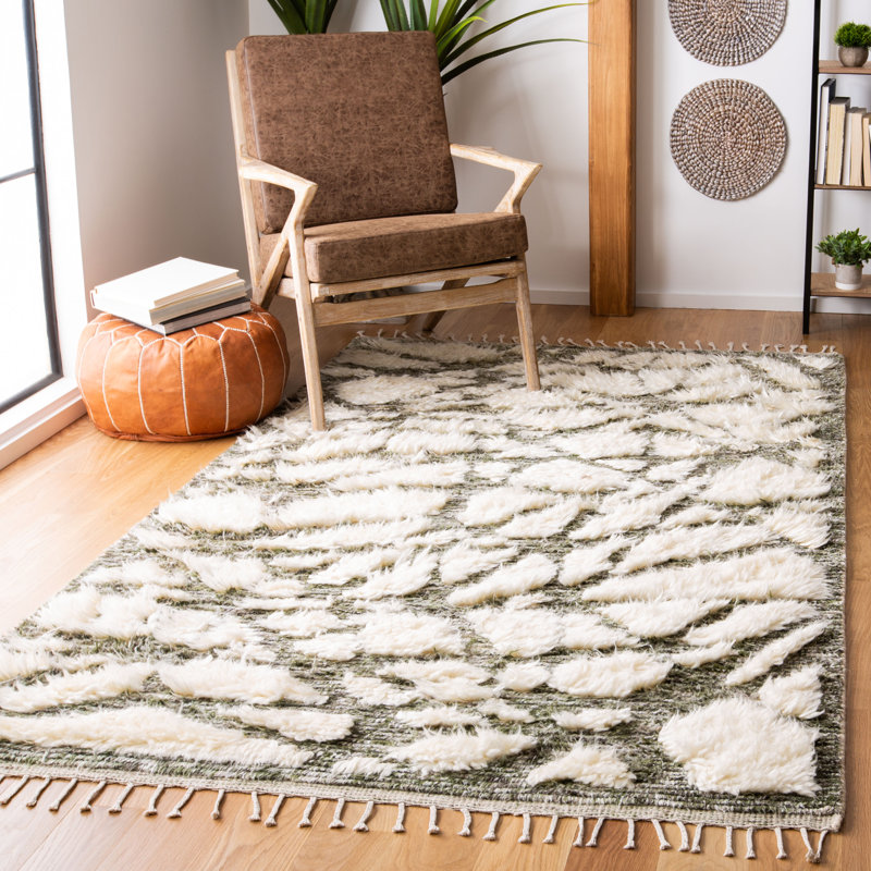 Tapis ivoire / sauge en laine noué à la main Dominico, Rectangle 8 pi x 10 pi