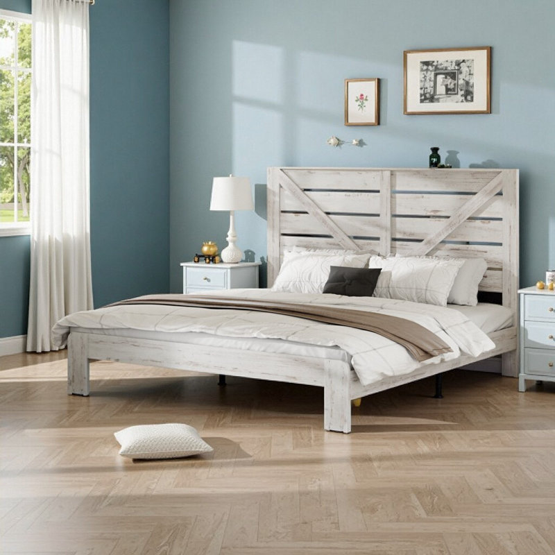 White Queen Wood Platform Bed Frame with Headboard – Noise-Free, Underbed Storage, Easy Assembly – No Box Spring Required