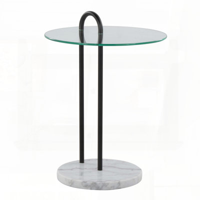 Contemporary Glam Side Table with Marble Base and Clear Glass Top
