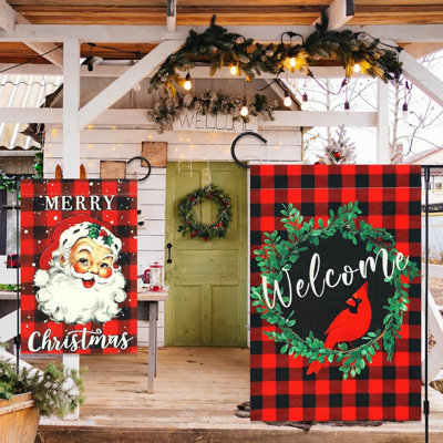 Paquet de 2: Joyeux Noël, drapeau de jardin, Père Noël, 12 x 18 pouces, toile de jute verticale à carreaux, motif de couronne de bienvenue, décoration de jardin pour les fêtes d'hiver