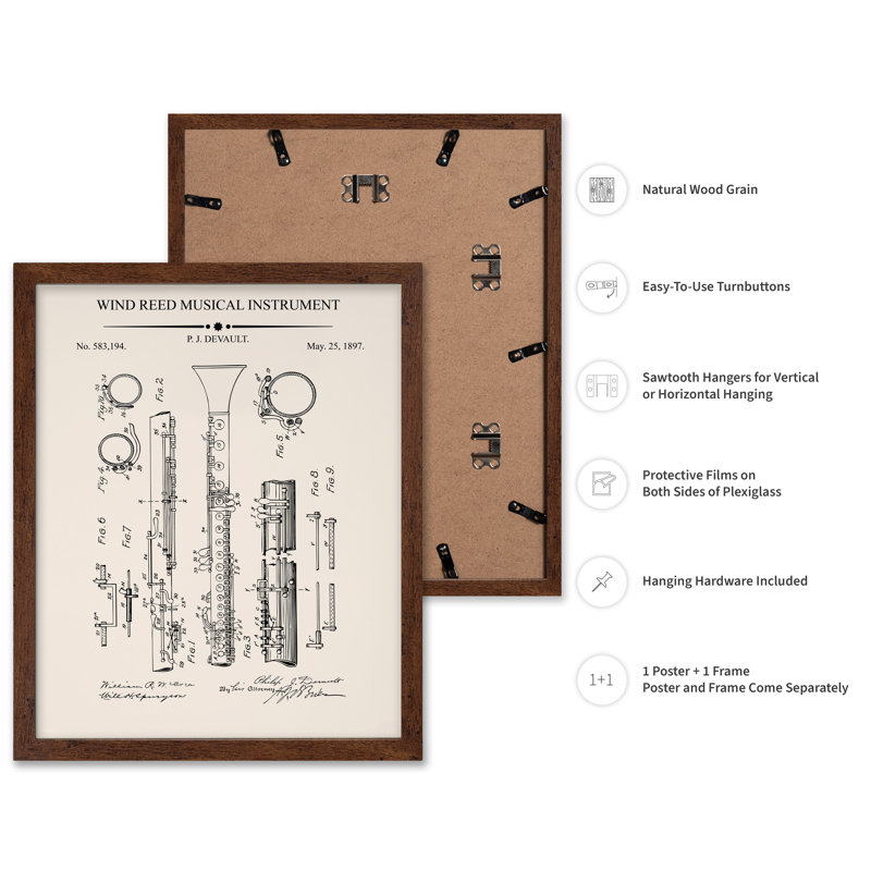 Clarinet Blueprint, Poster, 11"H x 14"W, Brown Framed