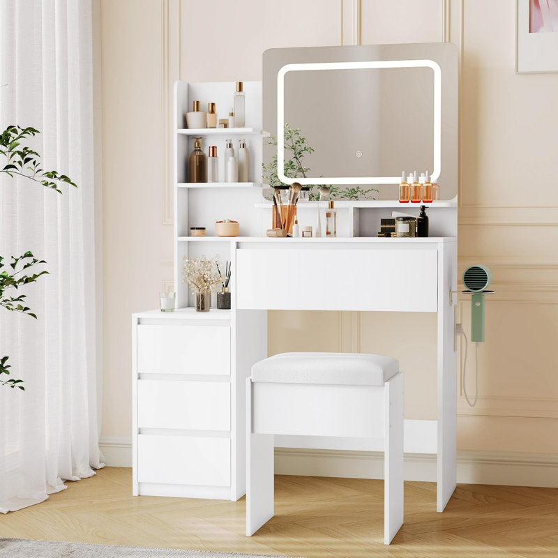 Makeup Vanity Desk with Mirror and Lights - 36" Vanity Table Set with 4 Drawers, Power Outlet, USB Ports, Stool, Dressing Table with 3 Lighting Color Adjustable Storage Shelves for Bedroom, Women