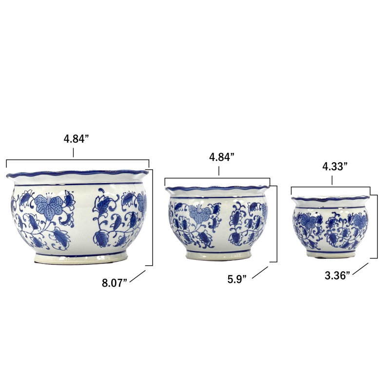 Set of 3 Blue and White Floral Ceramic Planter Pots