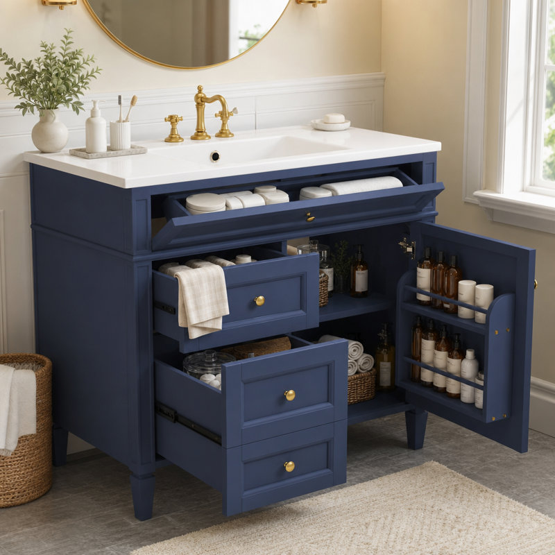 Meuble-lavabo autoportant bleu marine avec quincaillerie et rangement or
