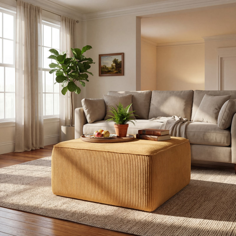 Orrey Upholstered Ottoman, Yellow Corduroy, 15" H x 29.7" W x 29.7" D