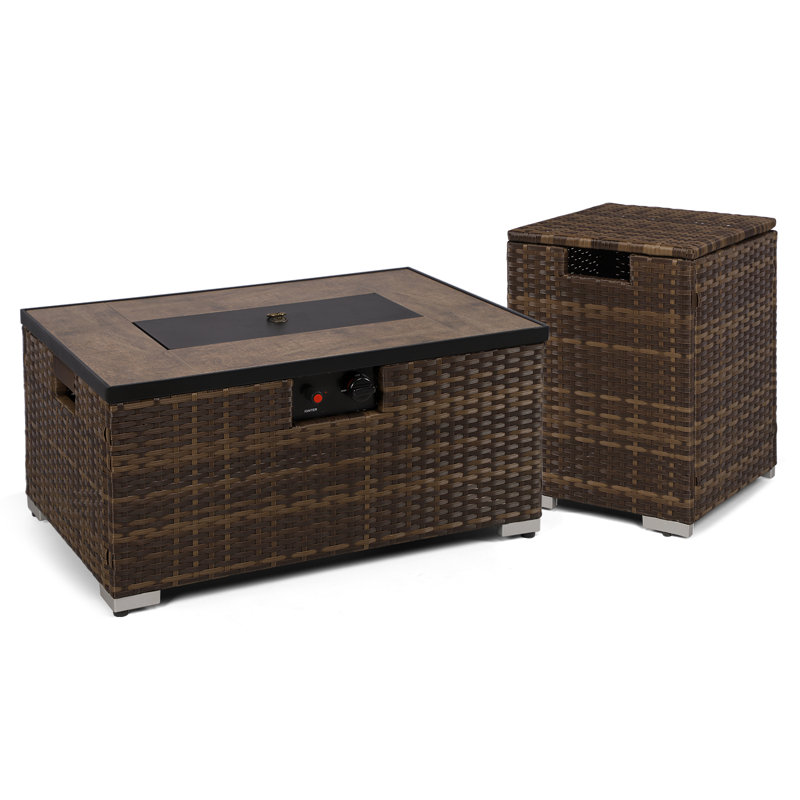 Outdoor Propane Fire Pit Table, 40,000 BTU Rectangle Handmade Rattan Wicker Fire Table Ceramic Tabletop with Steel Lid