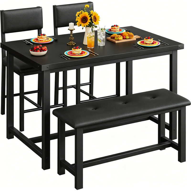 Ensemble de table de salle à manger 4 pièces, table de salle à manger en bois avec 2 chaises rembourrées et banc, ensemble de table de salle à manger compact et durable pour la cuisine, la salle à manger, l’appartement et les petits espaces.