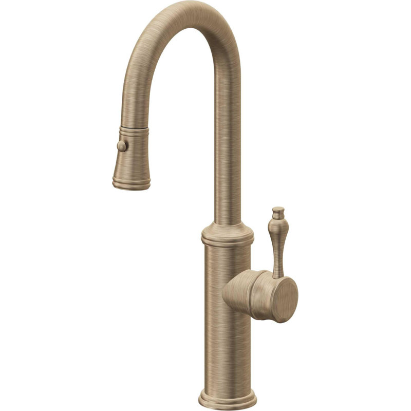 Davoli Pull-Down Prep/Bar Faucet with Button Sprayer, Antique Brass Flat