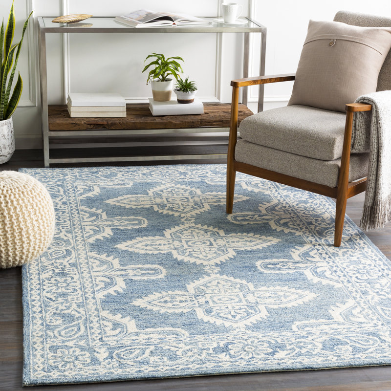 Tapis bleu / ivoire en laine touffeté à la main Londono, Rond 8 pi