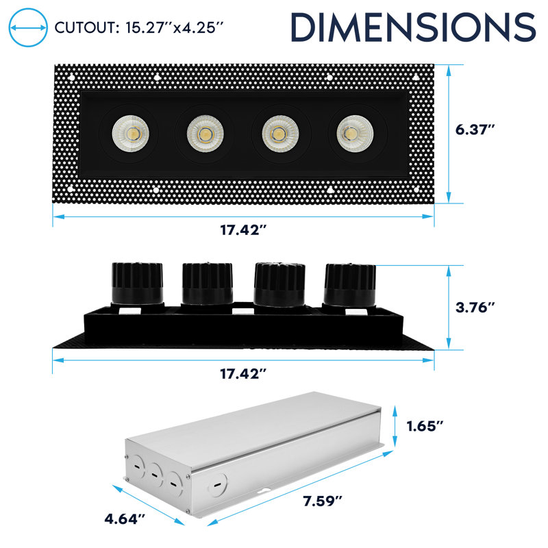 Luminaire encastré à DEL rectangulaire à 4 têtes LUXRITE, pivotant à 360 ° + 15 °, 5CCT, 60W, 4000LM, 60 °, double intensité variable, IC et Wet 2