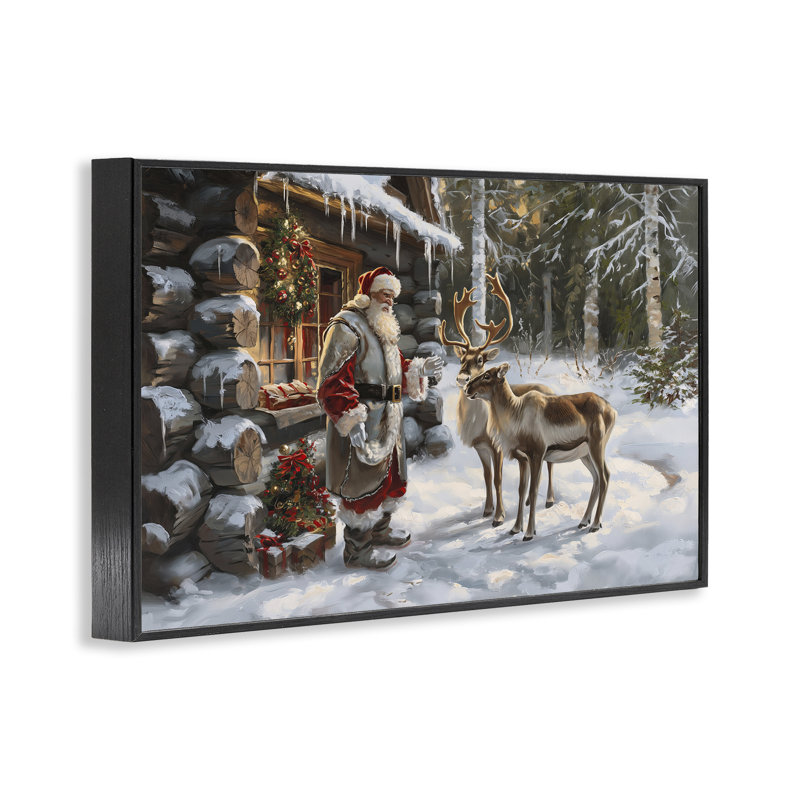 «Santa's Cabin with Reindeer», estampe numérique par Imagine It Images, Giclée encadrée noir minuit, H 12 po x l 18 po