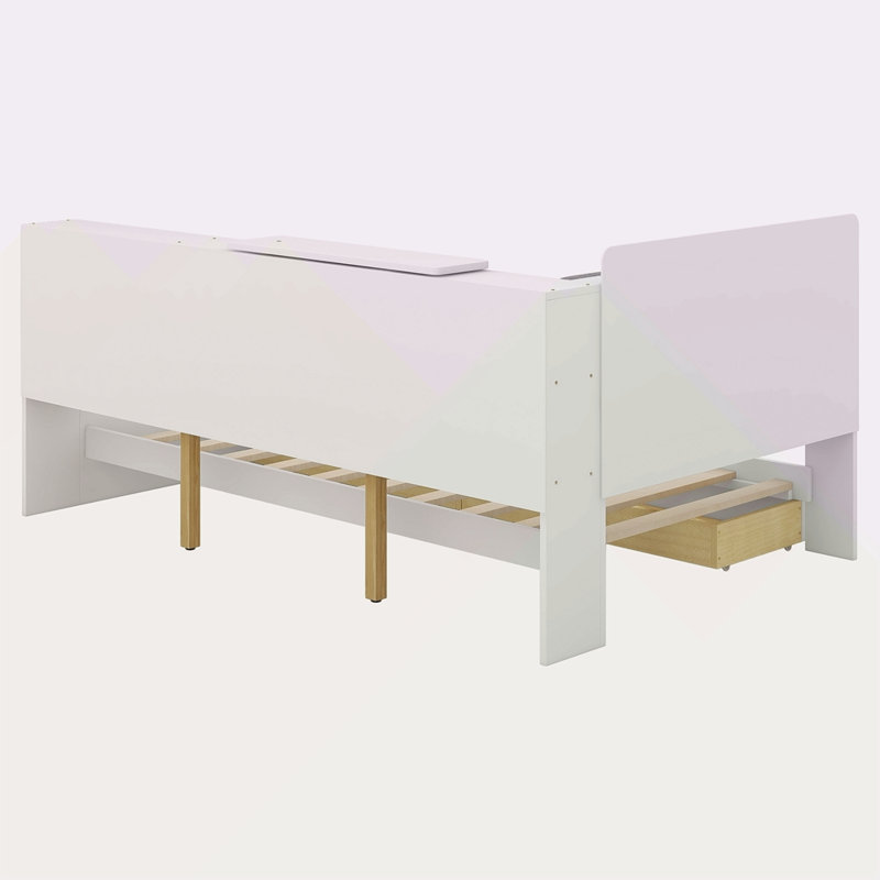 Lit plateforme en bois avec tête de lit, tablettes et 2 tiroirs, Blanc