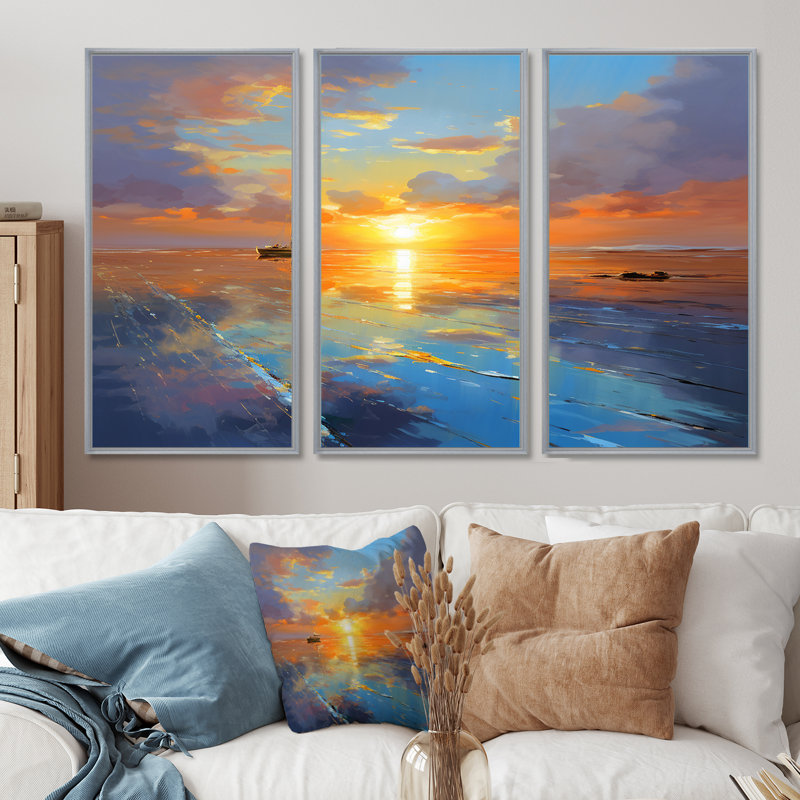 «Little Boat At The Infinite Ocean Sunset», ensemble d'art mural plage et océan, Encadrement argenté