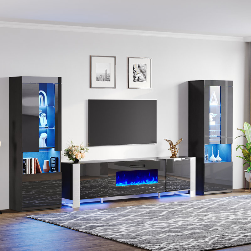 Bhhatu Entertainment Center with Electric Fireplace, 70", White/Black
