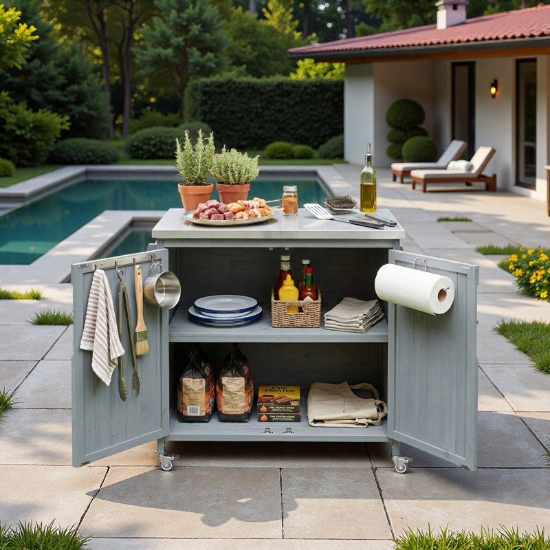 Îlot de cuisine extérieur avec tablette latérale, armoire de rangement, plateau en acier inoxydable, tablette réglable et 4 roulettes