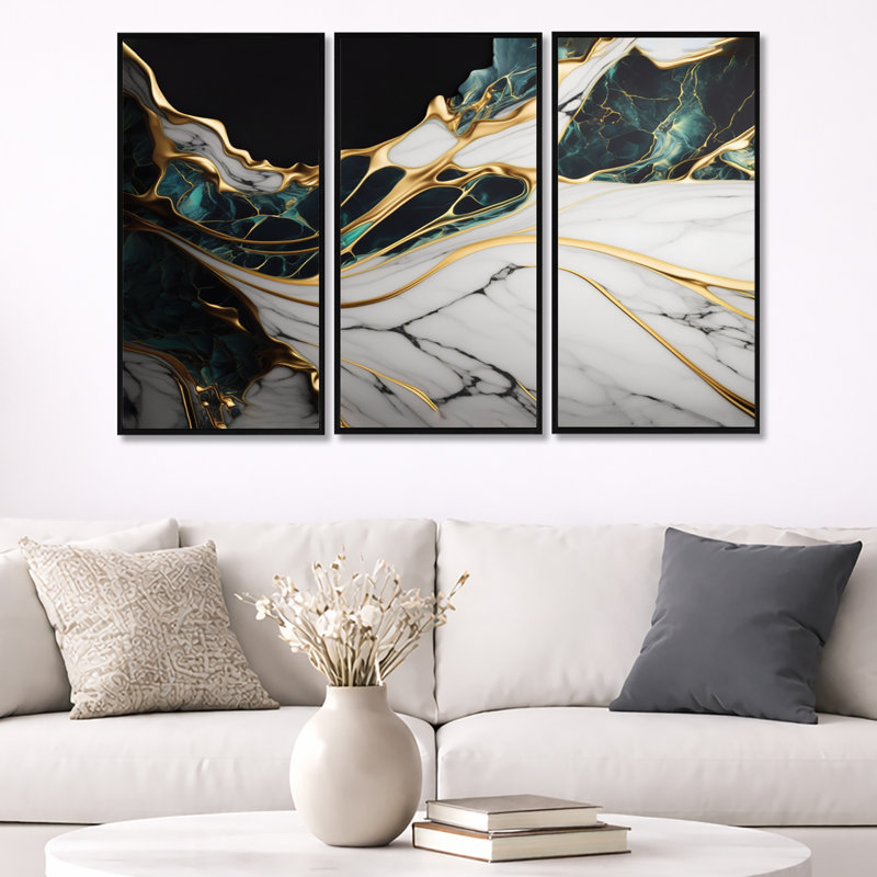 «Abstract Geode Gold and Green Marble III», reproduction sur toile 3 pièces, H 32 po x l 48 po, Noir