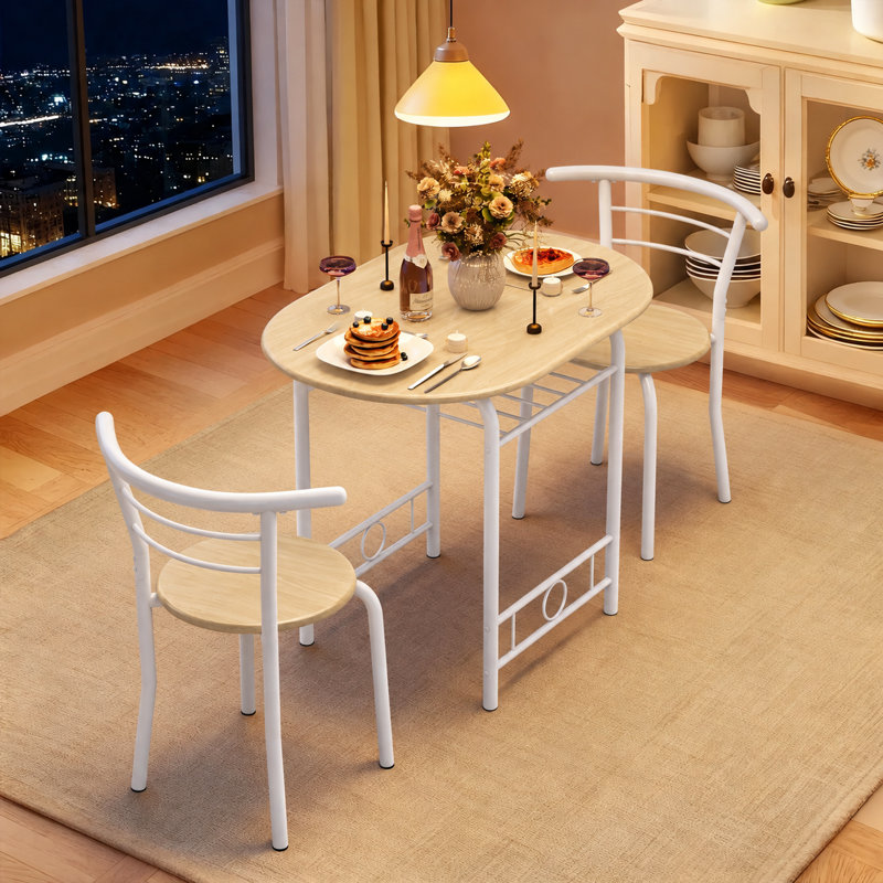 Ensemble de salle à manger 3 pièces, table de petit-déjeuner en bois avec 2 chaises à dossier incurvé et étagère de rangement sous la table, mobilier de salle à manger pour petits espaces, idéal pour les cuisines d'appartement.