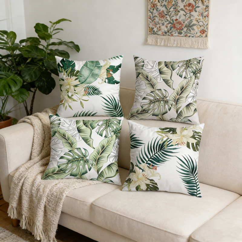 Ensemble de 4 taies d'oreiller de style tropical avec housse de coussin à fermeture à glissière cachée en fibre de polyester de 17,71 po x 17,71 po de style tropical