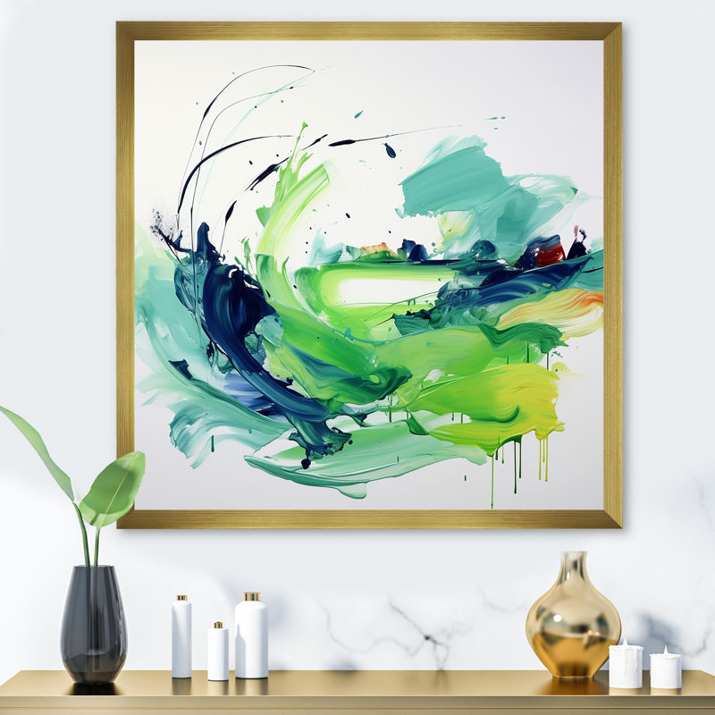 «Green Abstract Ink Expression III», art mural abstrait, H 36 po x l 36 po x P 1,5 po, Cadre doré simple