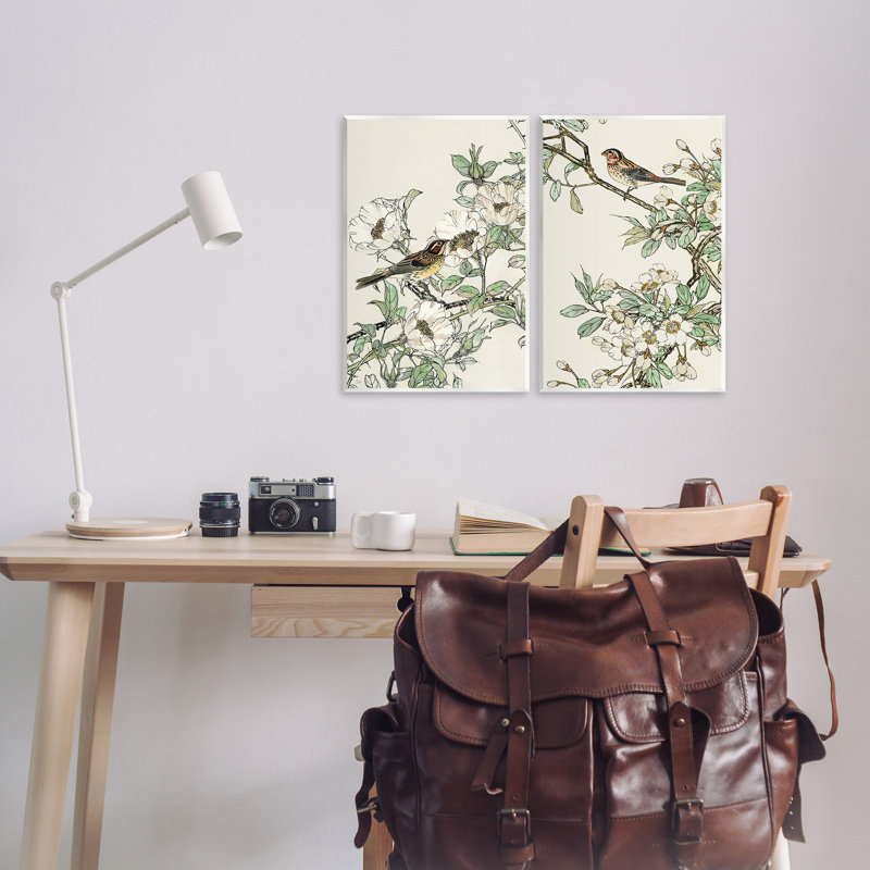 Impression sur bois, "Moineau classique sur des fleurs sur toile" par Nan, H 19 po x l 13 po x P 0,5 po