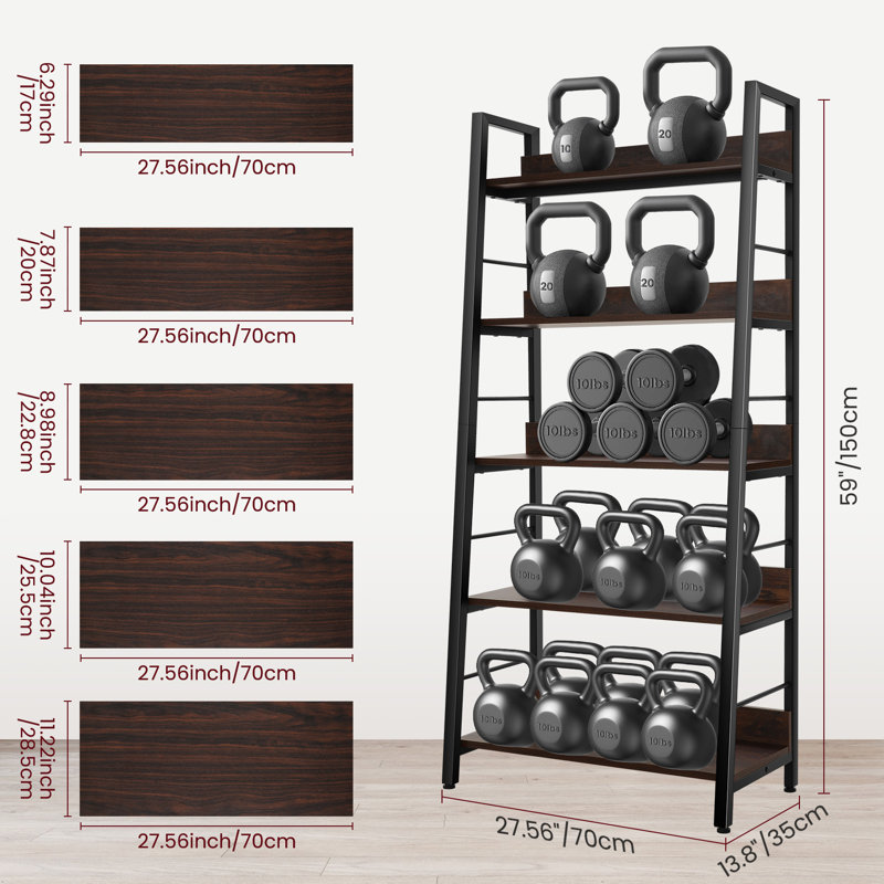 Hasnath Ladder Bookcase, (5 Shelves) 59” H x 28” W x 14” D, Black/Walnut