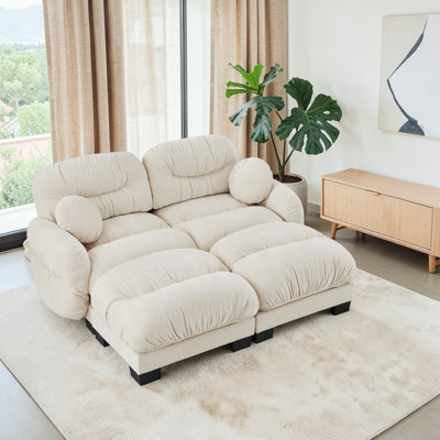 Geneveve Pleated Design Cozy Chenille Fabric 2 Seater Modular Sofa With High-Density Foam Seat,L Shape Sectional Couch With 2 Ottoman,Curved Round Armrests And 2 Round Pillows