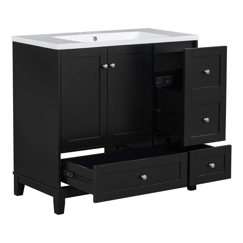 Meuble-lavabo moderne simple avec lavabo, chargement USB, 2 portes et 3 tiroirs, Noir