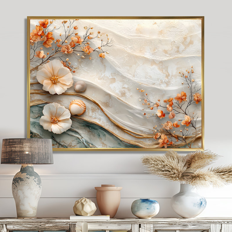 Coquillage blanc et paysage de plage marbrée I - art mural côtier pour le salon, H 16 po x l 32 po, Cadre flottant, Naturel