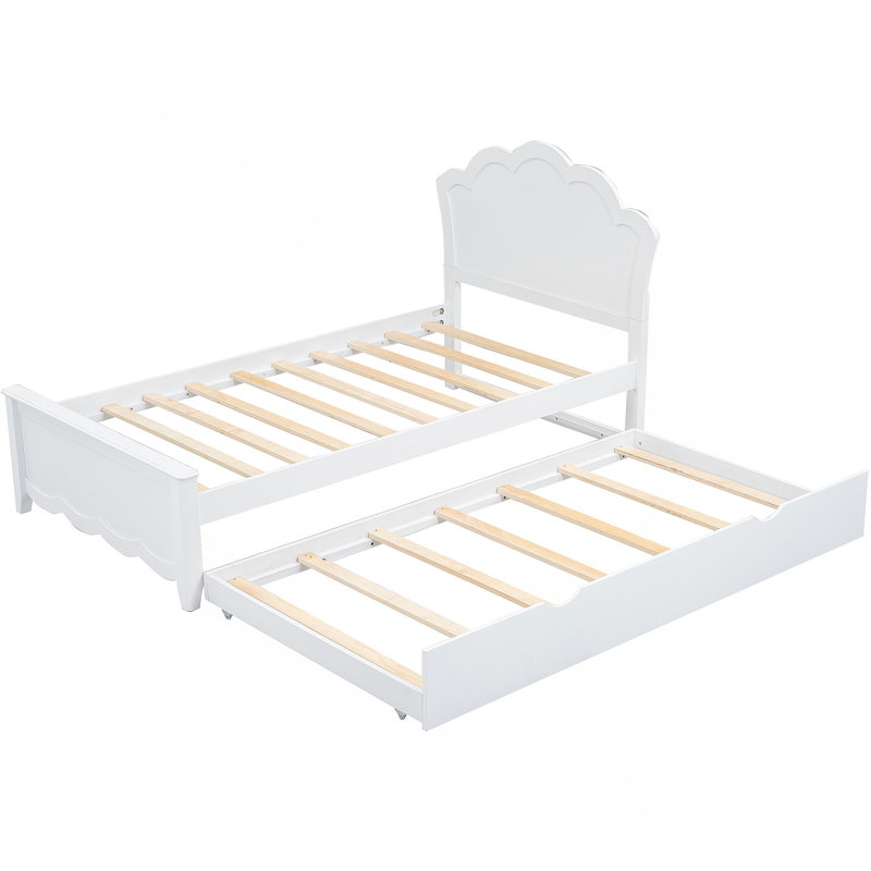 Lit plateforme simple en bois avec tête de lit et lit gigogne simple, blanc
